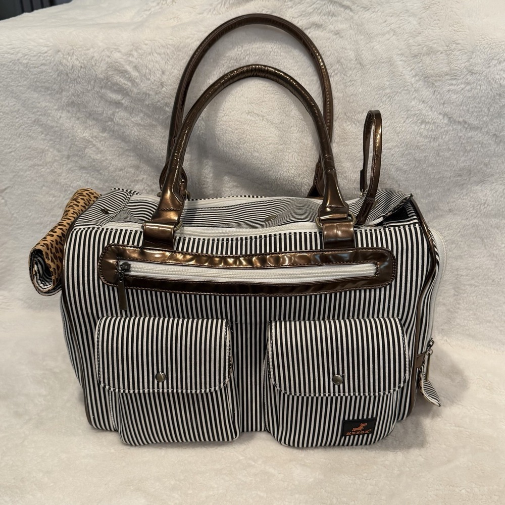 Kenox Pet Carrier Tote Accessory Bag Striped Vegan Leather Mesh Small Dog Cat